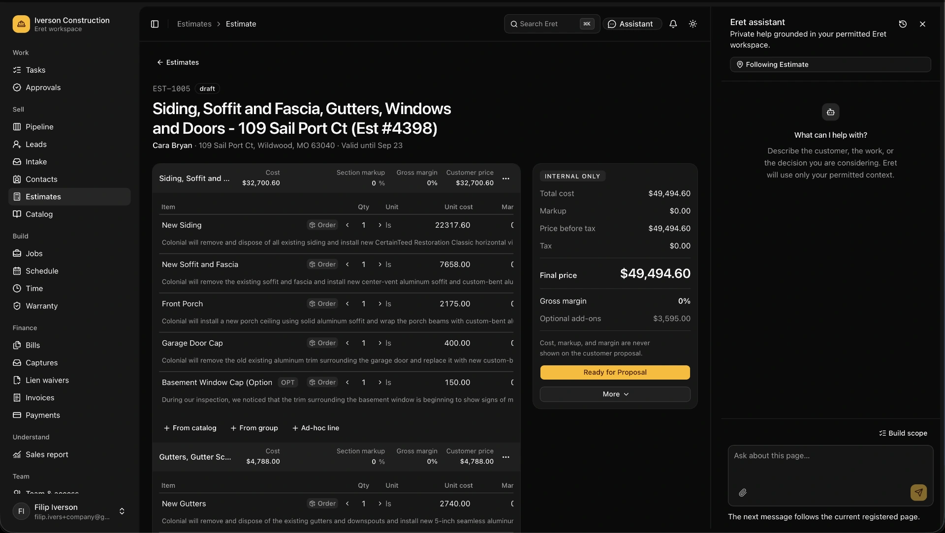 Eret estimate with line-item costs, a financial summary, and the assistant panel open