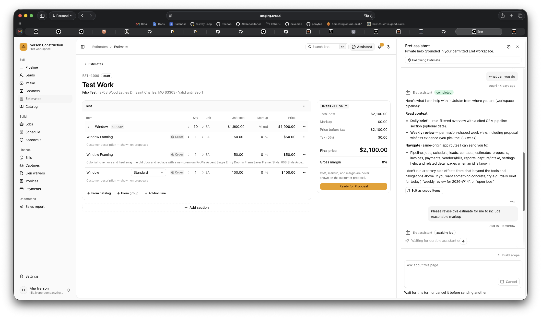 Eret estimate workspace with the assistant panel open beside a draft estimate