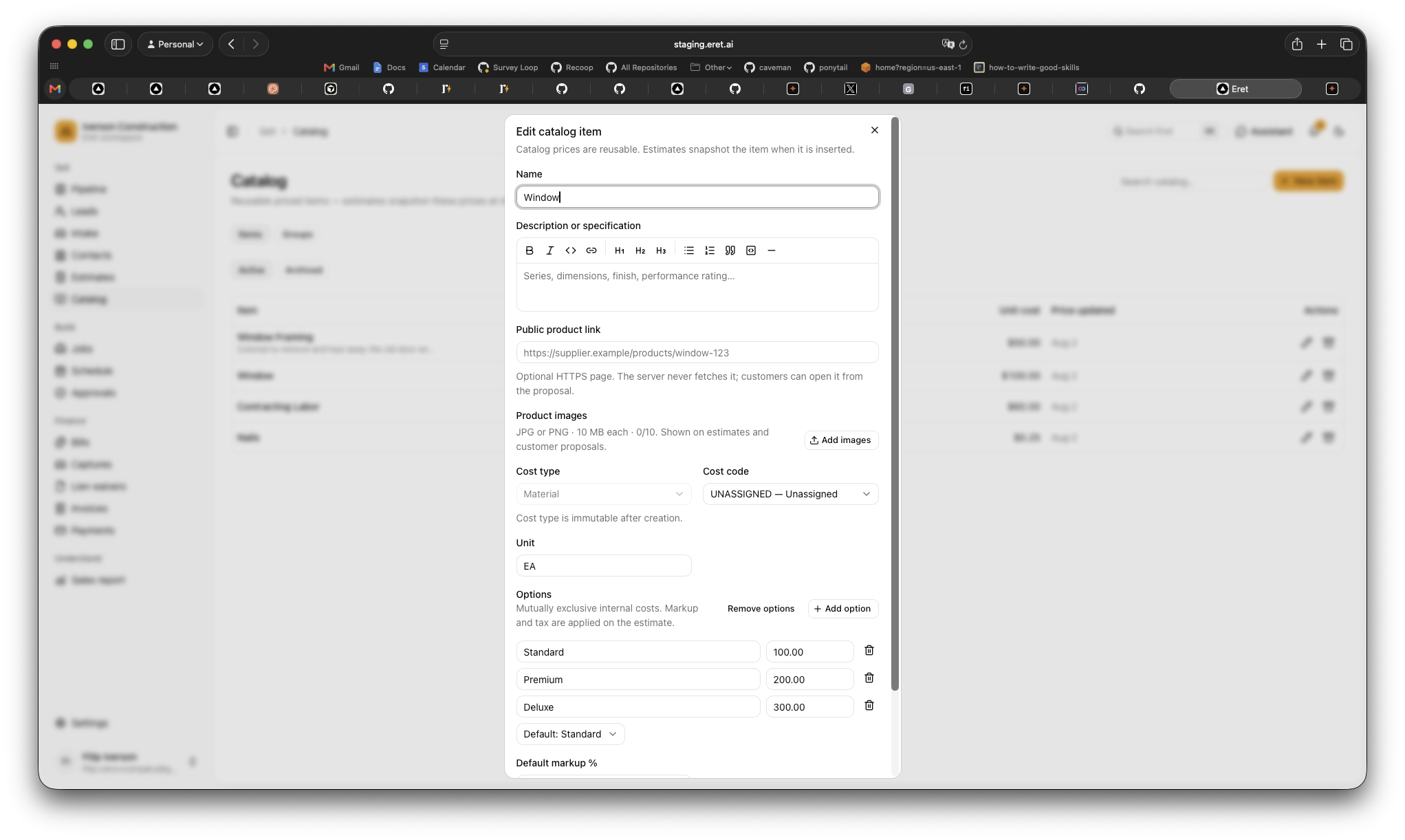 Editing a catalog item with reusable options, costs, and default markup