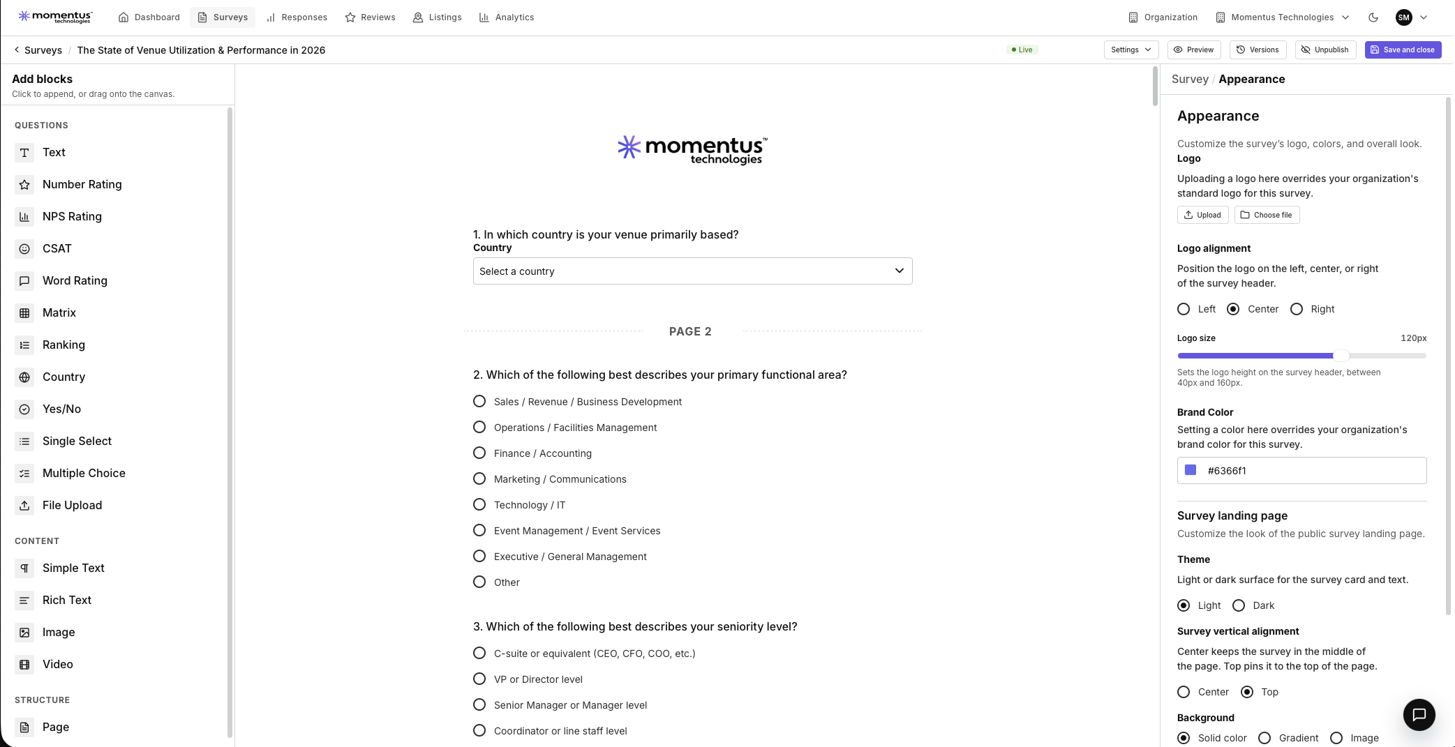 Survey Loop builder — block palette, live canvas, and appearance controls