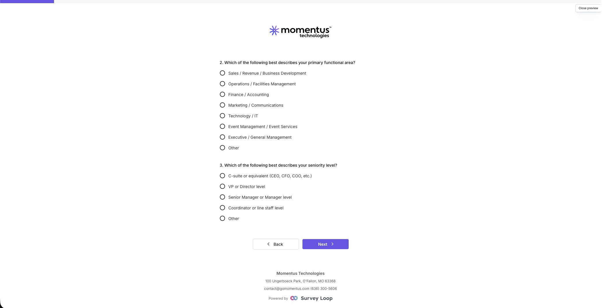 Respondent-facing survey with branded questions and navigation